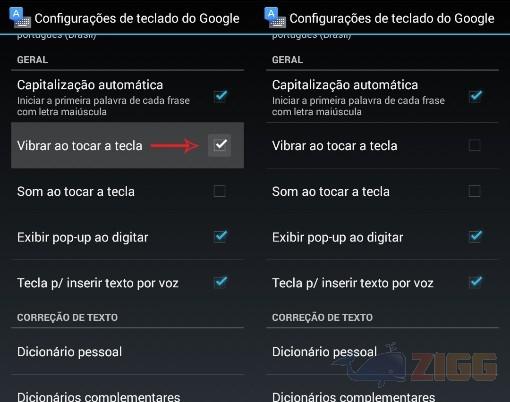 desativar vibração teclado android