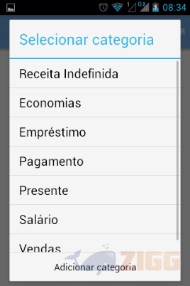 Selecione as categorias no app Grana